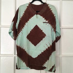 Vintage Mint Blue & Brown Tie Dye Jacquard Dashiki
